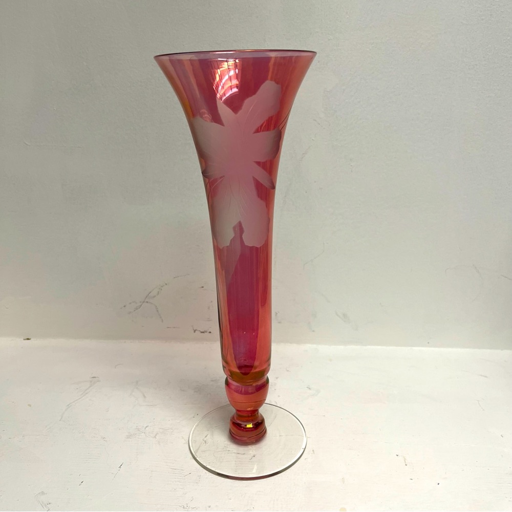 Vintage Cranberry Vase with Etched Floral Design